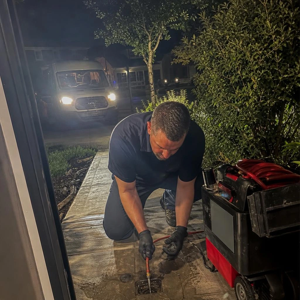 Stockton Drain Pros technician clearing a drain at night with the service van in the driveway
