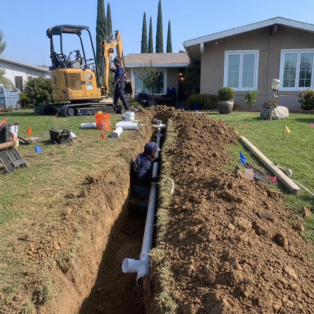 Sewer lateral repair in a Stockton residential yard, with a trench and new pipe being installed
