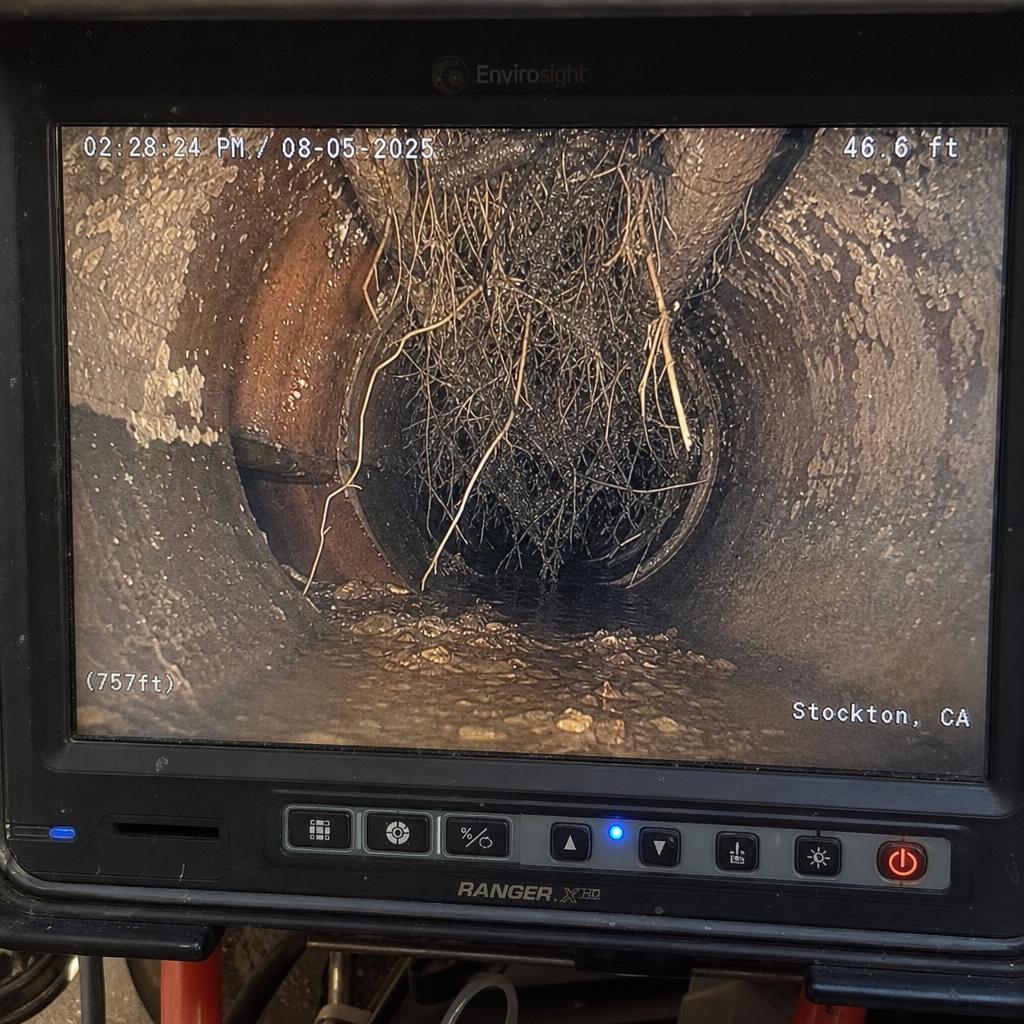 Sewer camera inspection showing root intrusion in an older Stockton lateral