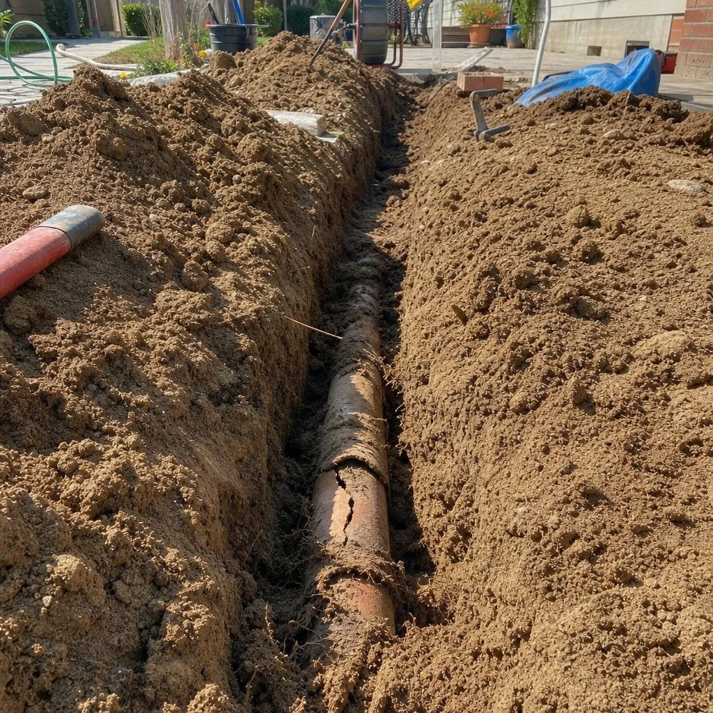 A cracked clay sewer lateral exposed in an open trench in a Stockton yard